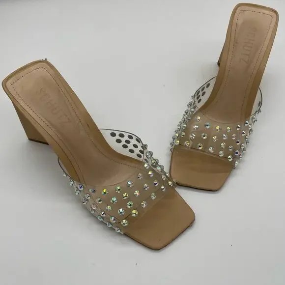 Schutz Lizah Nude Clear Rhinestone High Heel Sandals - 6.5 - Picture 9 of 13